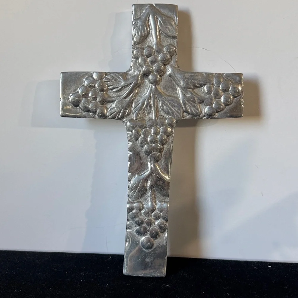Silver Decorative Cross with Grapes Design 10 1/4” x 7”